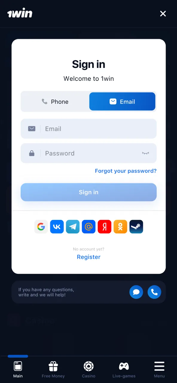 Use the Login button to enter your 1win personal account securely.